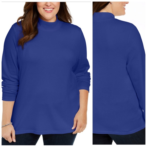 Karen Scott Tops - Blue Cotton Mock Turtleneck Plus Size 3X